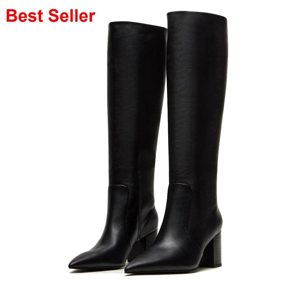 Knee High Boots Pointed Toe Chunky Heel Side Zipper Faux Leather Dressy - Picture 1 of 7